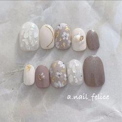 【サイズオーダー】ぷっくりフラワーネイル　ネイルチップ　ニュアンスネイル　モカ ネイルチップ ニュアンス/ぷっくりフラワー ネイルチップ（つけ爪