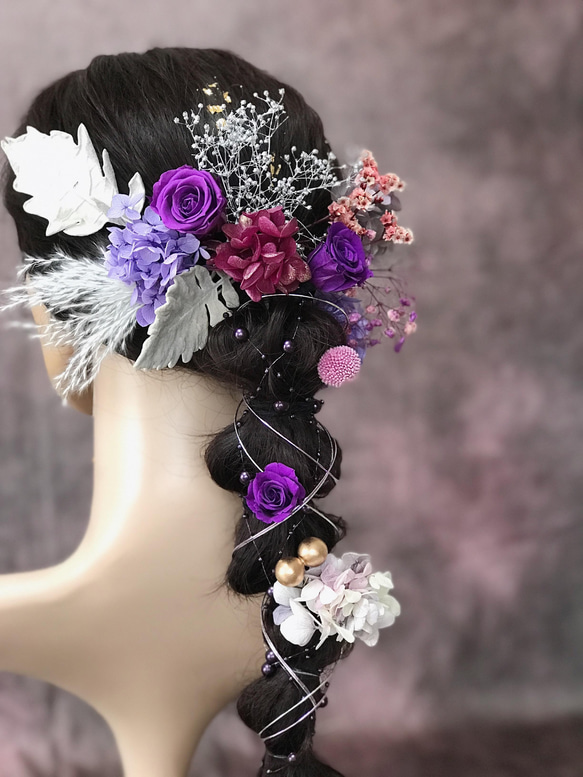 ✨プレミアム髪飾り✨　プリザーブドフラワー　成人式　卒業式　結婚式　パープル　紫　水引　パールシャワー 7枚目の画像
