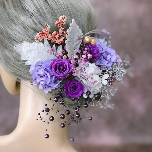 ✨プレミアム髪飾り✨　プリザーブドフラワー　成人式　卒業式　結婚式　パープル　紫　水引　パールシャワー 2枚目の画像