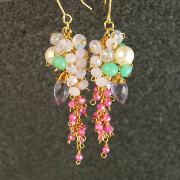 天然石♡極上♡グラデーションフォッシル×プレシャスオパールのピアス14kgf 天然石 上 グラデーションフォッシル×プレシャスオパールの