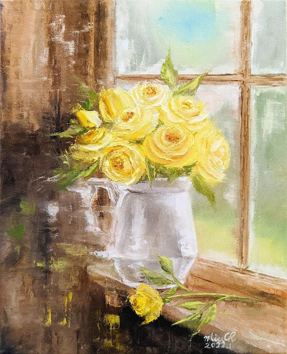 手描き 原画 油絵 「窓の前の黄色いバラ」 3枚目の画像