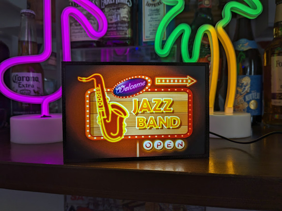 アメリカン レトロ オールド ジャズ バンド サックス サイン ミニチュア 看板 置物 玩具 雑貨 LEDライトBOX 1枚目の画像
