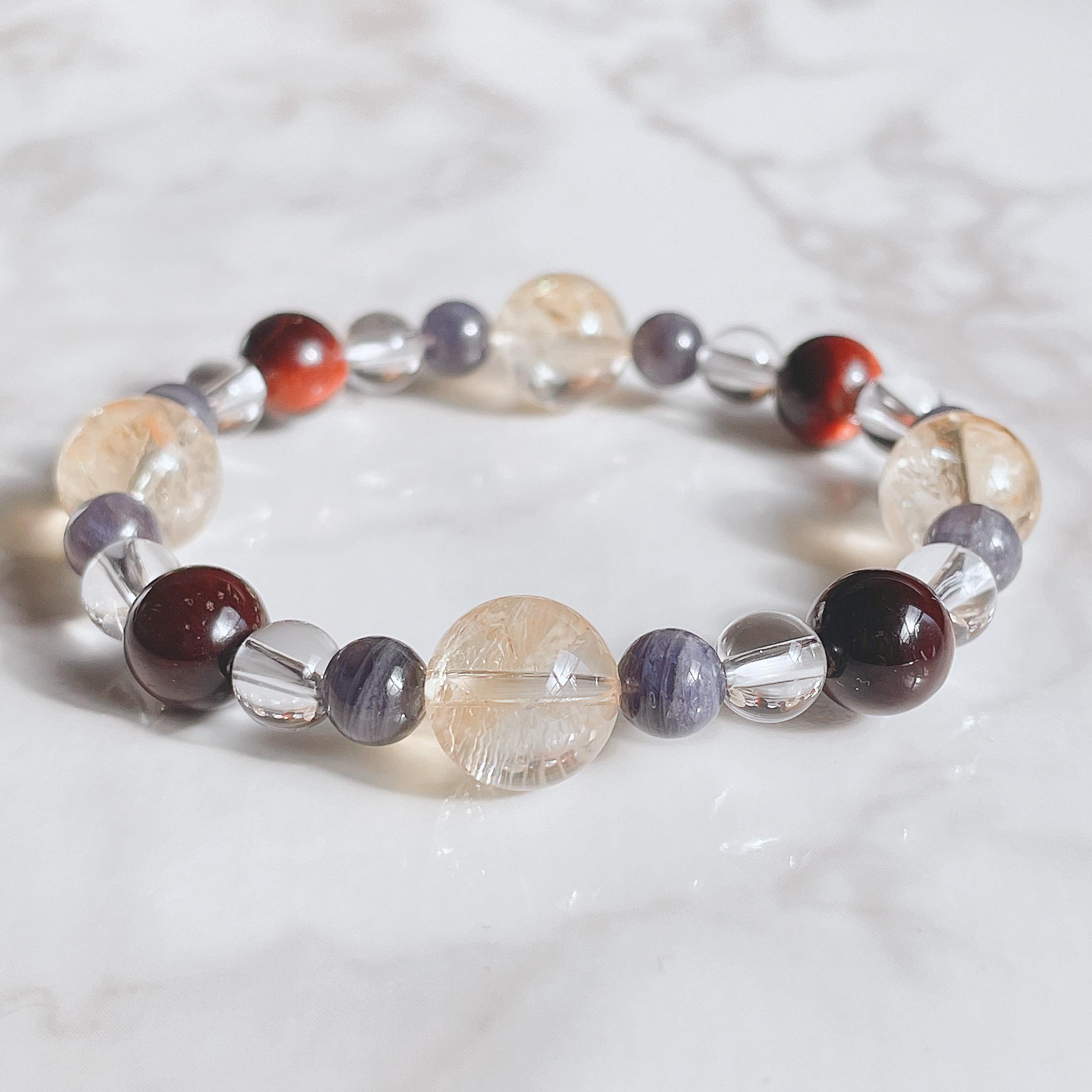 ✦浪費を抑え、堅実に歩む天然石ブレスレット｜シトリン・レッドタイガーアイ・アイオライト・水晶 No.415