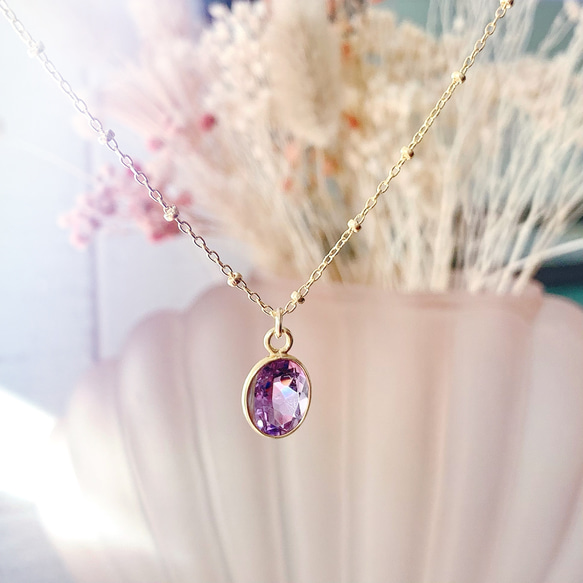 14kgf 天然石粉色紫水晶項鍊 18kGP 二月生日石 第6張的照片