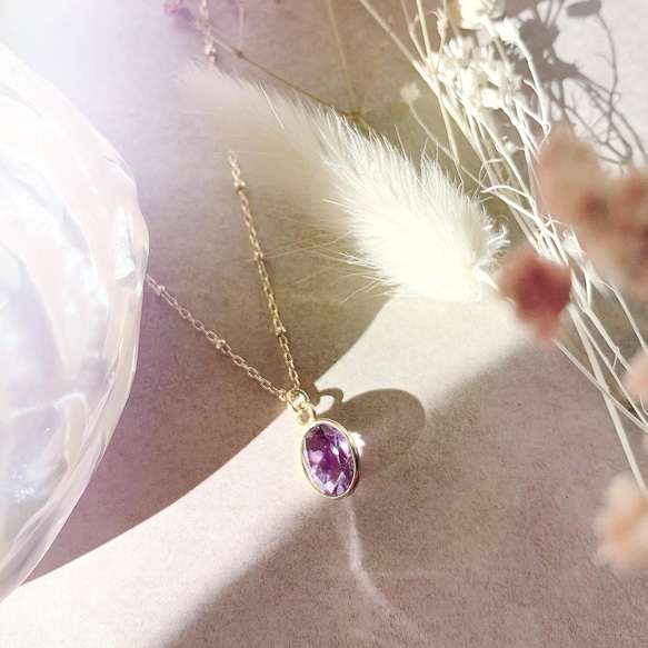 14kgf 天然石粉色紫水晶項鍊 18kGP 二月生日石 第2張的照片