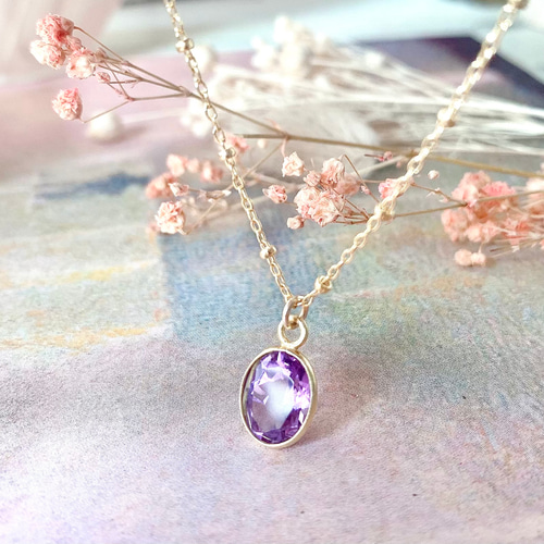 14kgf 天然石ピンクアメジストのひと粒ネックレス 18kGP 2月誕生石