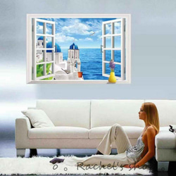 ウォールステッカーD12-窓辺の風景　エーゲ海　模様替え　ギリシャ 送料無料 剥がせるシール 壁シール インテリアシール 1枚目の画像