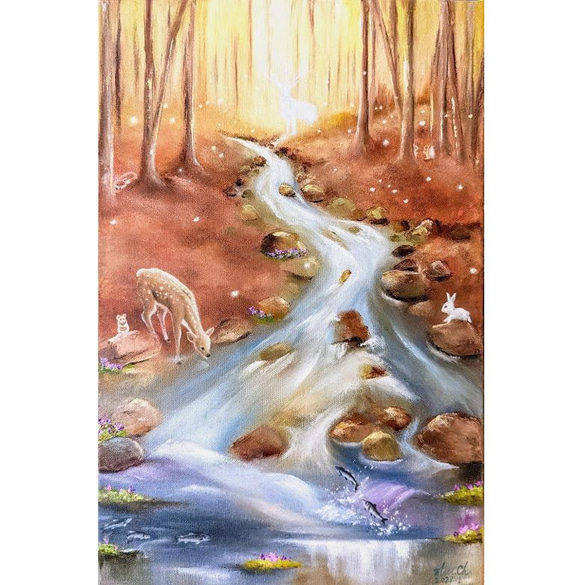 手描き。オリジナル作品。油絵。「生命の泉」 1枚目の画像
