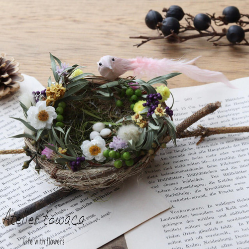 春を呼ぶ鳥の巣アレンジ・ピンク☆イースター ドライフラワー