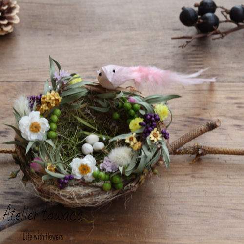 春を呼ぶ鳥の巣アレンジ・ピンク☆イースター ドライフラワー ドライ