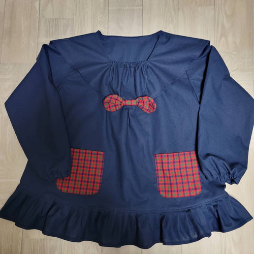 フリル襟長袖スモック4枚セット 受注80～160】レッドチェック ネイビー 長袖スモック セーラー襟 立体