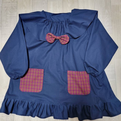 受注80～160】レッドチェック ネイビー 長袖スモック セーラー襟 立体