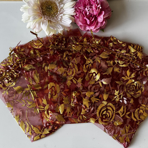 薔薇プリント　オーガンジー巾着　　12㎝ 7枚目の画像