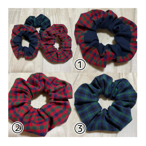 シュシュ 赤チェック 緑チェック ネイビー ヘアゴム追加可 シュシュ