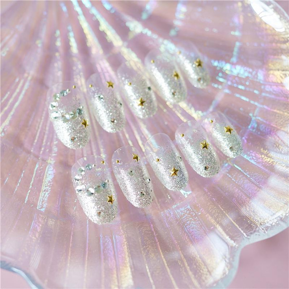 韓国ファッション　ホワイトパールが可愛いキラキラ　ネイルチップ　-3003 7枚目の画像