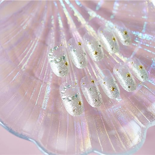 韓国ファッション ホワイトパールが可愛いキラキラ ネイルチップ -3003  