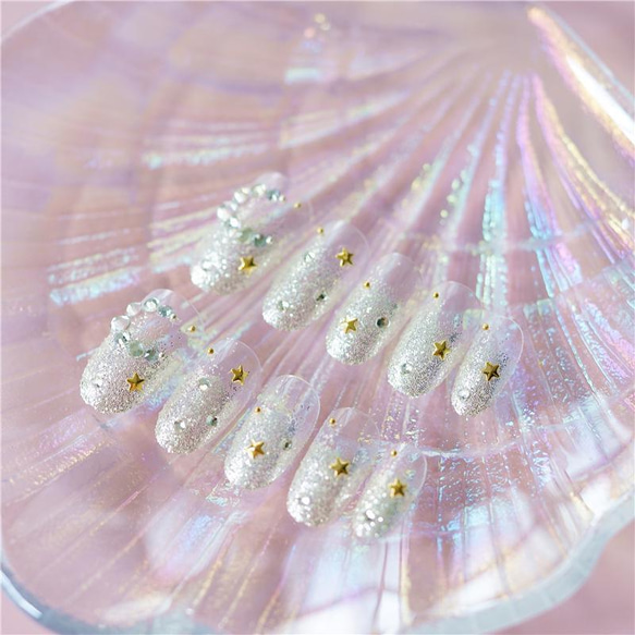 韓国ファッション　ホワイトパールが可愛いキラキラ　ネイルチップ　-3003 5枚目の画像