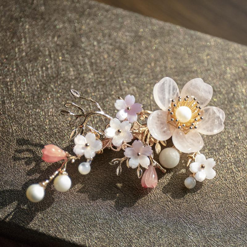 天然石ローズクォーツの桜のヘアアクセサリー 桜 ヘアクリップ