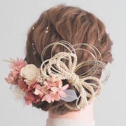 ピンク　赤　水引　ドライフラワー　ヘッドドレス　髪飾り　成人式　結婚式　ウェディング　プリザーブドフラワー　 3枚目の画像