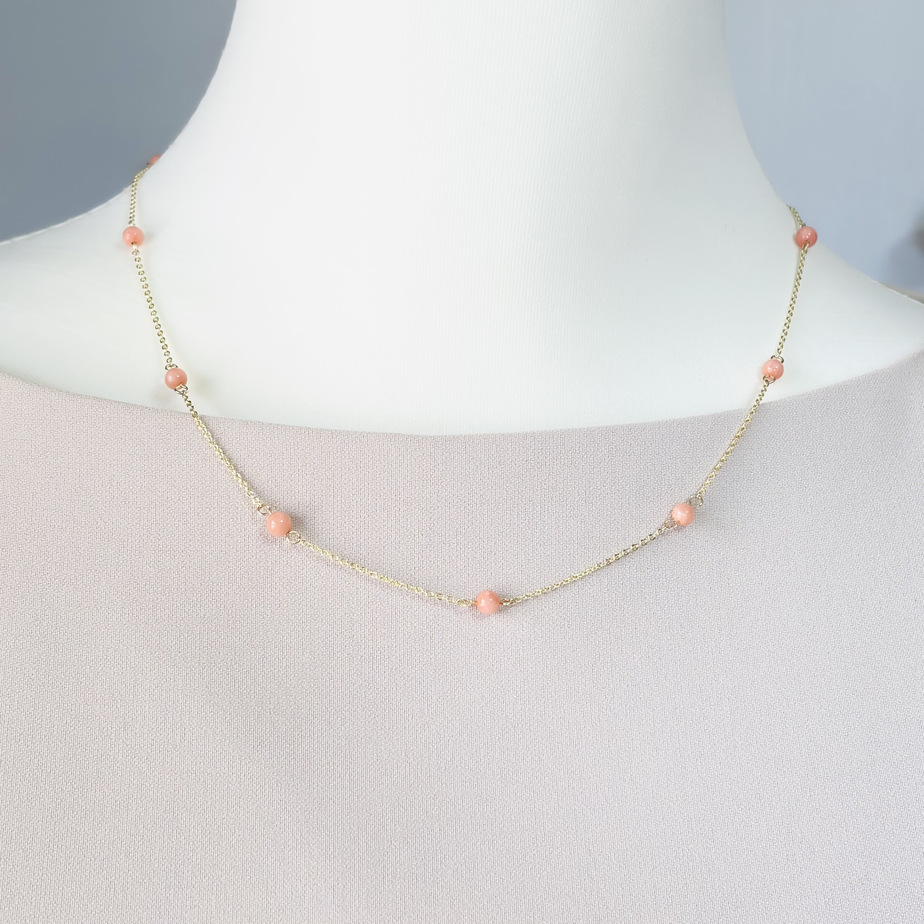 【肌に馴染むピンク。】再販16！天然コーラルピンク珊瑚ステーションネックレス40/45cm 全14kgf　3月誕生石