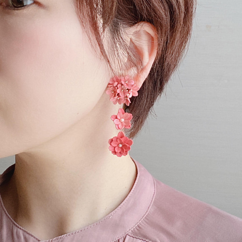 桜さくら*春爛漫/革花ピアスイヤリング*春ピンク/2wayスタッド ピアス 