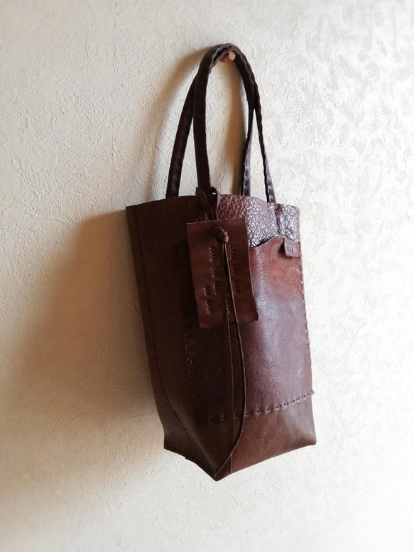 mini tote　オークグレー✗チョコ　オイルシュリンクレザー 12枚目の画像