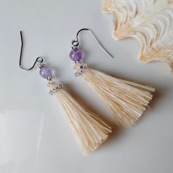 アメジスト◇精麻タッセルピアス＊ビーズ刺繍イヤリング小粒天然石紫  