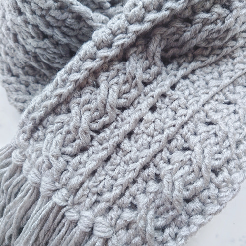 再販】マフラー アラン 模様 フリンジ グレー 編み 手編み 編み物