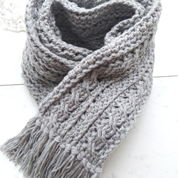 再販】マフラー アラン 模様 フリンジ グレー 編み 手編み 編み物
