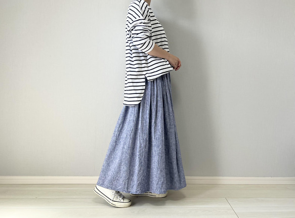 上質ベルギーリネンのダンガリースカート　杢ブルー　 1枚目の画像