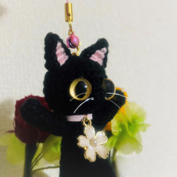 のび～な黒猫あみぐるみ♡キーホルダー・ストラップ・ボールチェーン☆受注製作品 3枚目の画像