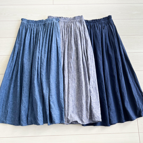 上質ベルギーリネンのダンガリースカート デニムネイビー ロング