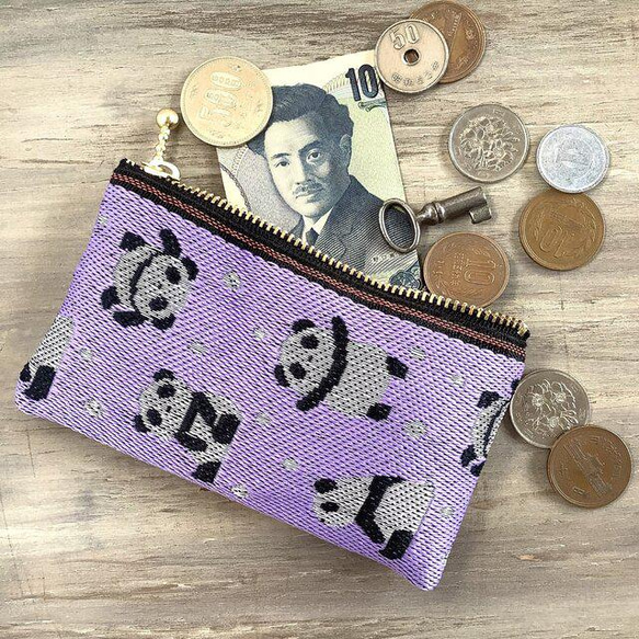 畳縁　熊貓圖案　硬幣錢包【紫色】名片夾　日式 第1張的照片