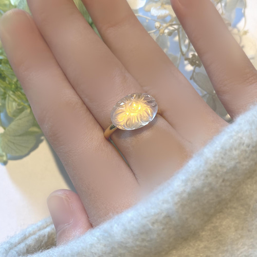 大粒】ローズクォーツお花カービングリング✿フリーサイズ 指輪