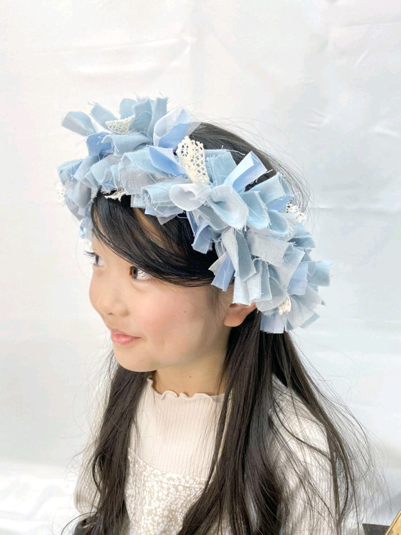 軟絲帶皇冠暗淡淺藍色❀淺藍色繡球花花冠半歲一歲禮物 第4張的照片