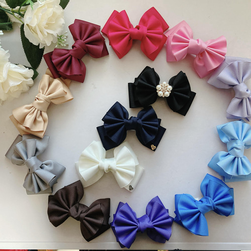 ハンドメイド リボン グログラン 選べる ピン ビジュー ヘアゴム