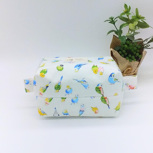 ボックスポーチ　スクエアポーチ　ミニ　千鳥格子　ブルーグリーン　ハンドメイド 受注製作【スクエアミニポーチ】ビションフリーゼ／グリーン