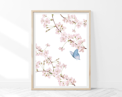 1232朝焼けの桜 小鳥の集い 水彩画 北欧インテリア 韓国