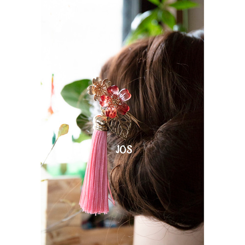 緋桜/青桜 鈴とタッセル付き かんざし 簪 ヘアアクセサリー かんざし