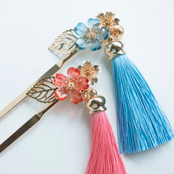 緋桜/青桜 鈴とタッセル付き かんざし 簪 ヘアアクセサリー かんざし