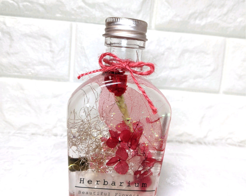 ハーバリウム 赤色 ウイスキー型ボトル ハーバリウム・植物標本