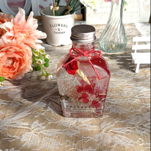 ハーバリウム 赤色 ウイスキー型ボトル ハーバリウム・植物標本