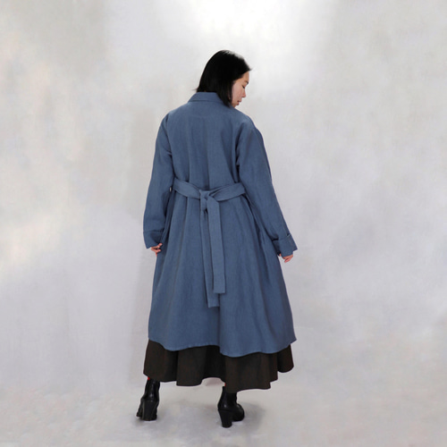 ガウンコート リネン ブルー S,Mサイズ 裏地なし スプリングコート