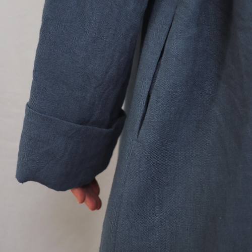 ガウンコート リネン ブルー S,Mサイズ 裏地なし スプリングコート