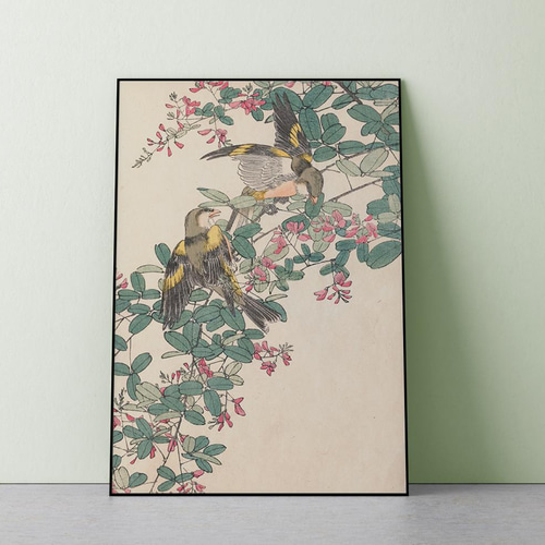 NO.354】萩とカワラヒワの花鳥図日本画アートポスター☆和柄