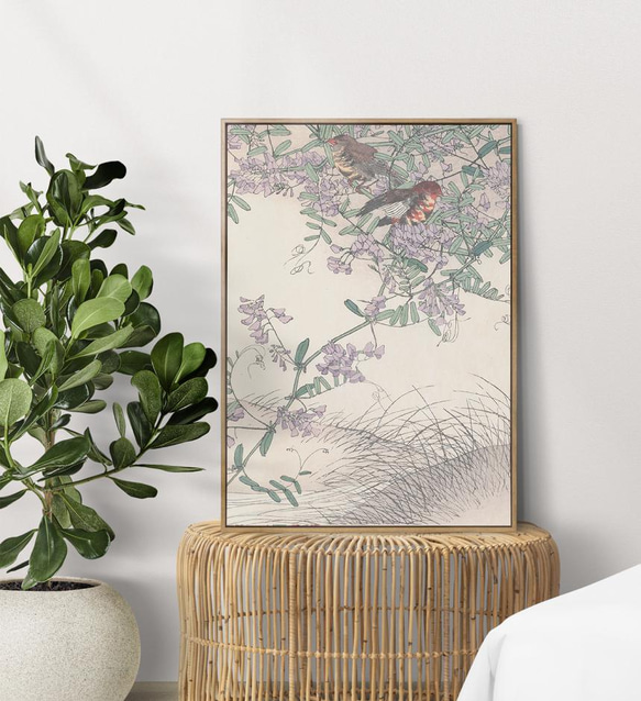 NO.355】藤の花と野鳥の花鳥図日本画アートポスター☆和柄浮世絵