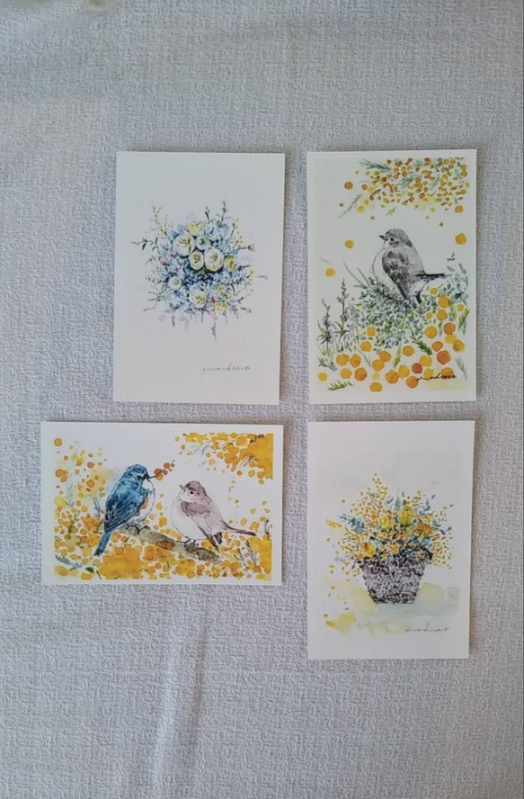 ✣ 青い鳥+ミモザ　春色✣　各一枚　ポストカード4枚セット 1枚目の画像
