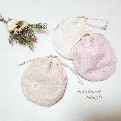 まんまるミニポーチ 花柄レース刺繍 巾着袋 化粧ポーチ 巾着袋 hdm56  