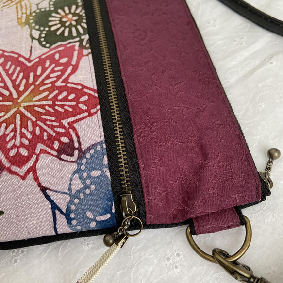 着物リメイク　マチ５㎝ポシェット　紬　花柄　紅葉柄　ハンドメイド　 3枚目の画像