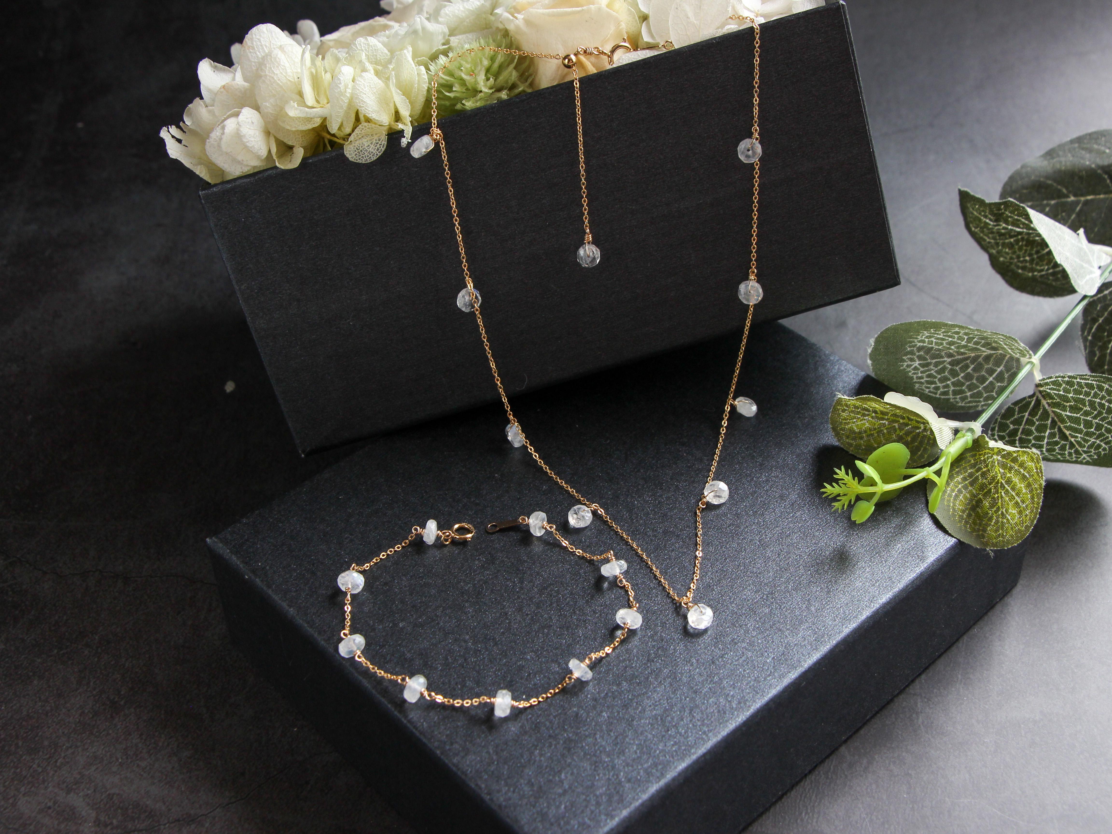 14kgf-rainbowmoon stone ブレスレット&ショートネックレス (スライドボールで長さ調整自在)